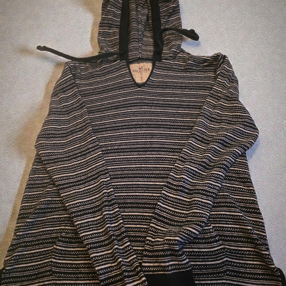 Hollister Navy and White Striped Patterned Hoodie